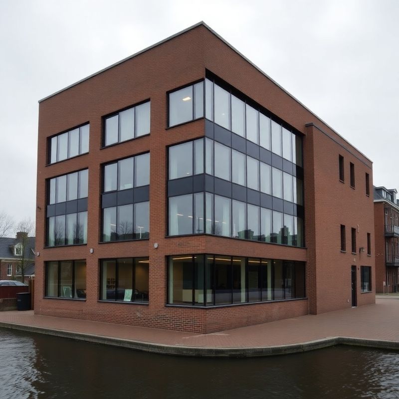 Bakstenen en glazen kantoorgebouw in Nijmegen bij zacht licht
