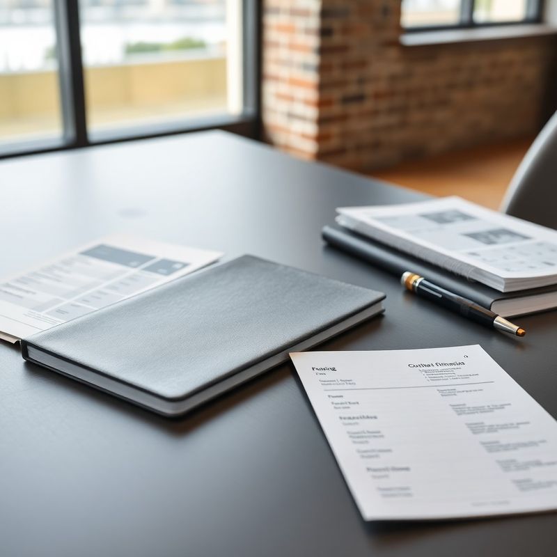 Flat-lay van documenten en vulpen op slate-kleurige tafel