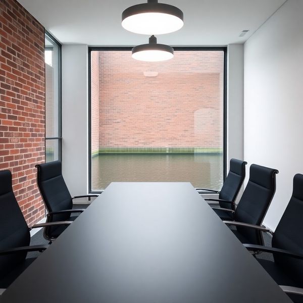 Rustige vergaderruimte met slate-grijze tafel en zachte ambient lichtinval